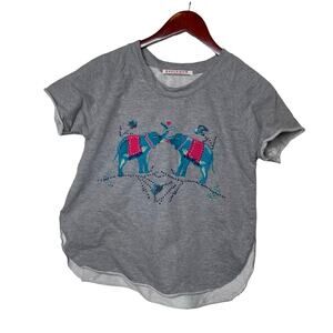 Banjanan Embroidered Elephant Pullover Short Sleeve Tee Shirt Gray Womens XS